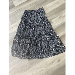 Women’s Mariah Carry Tiered Maxi Skirt Large Black/Tan Floral Elastic Waist GUC